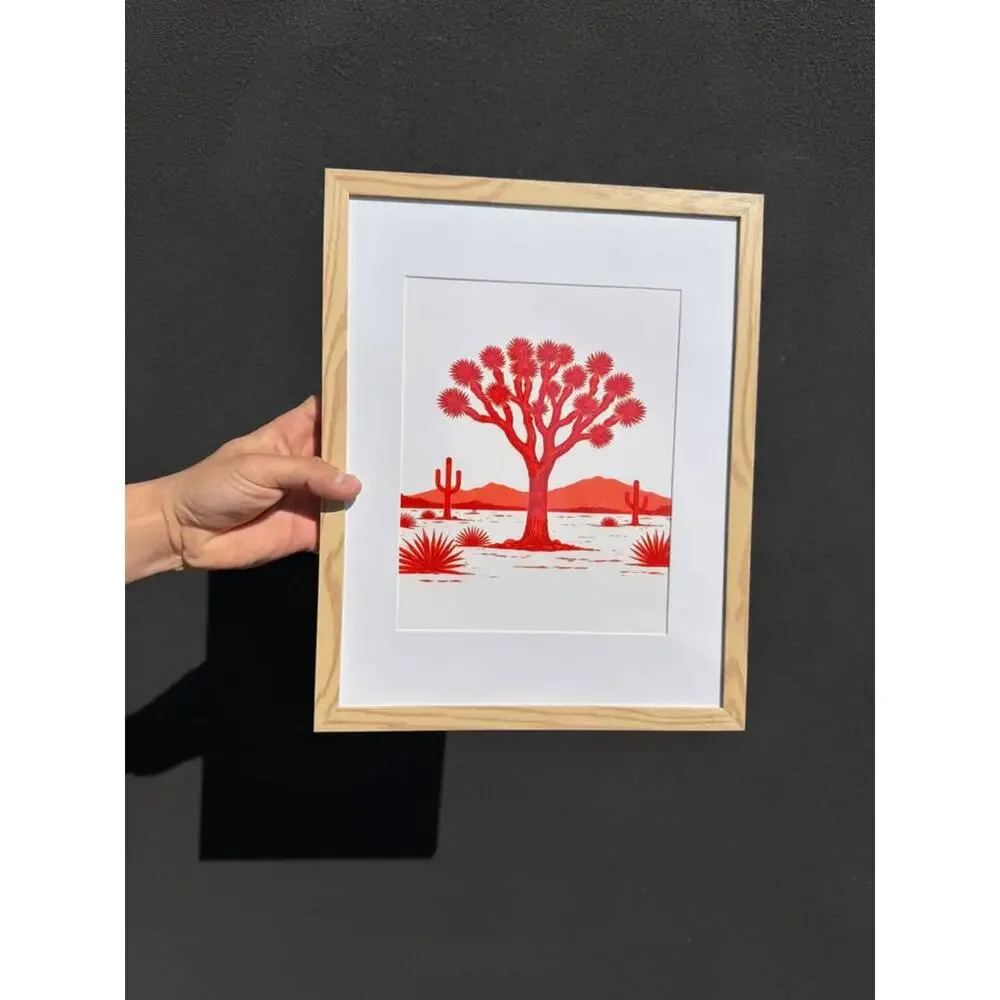 Framed Red Joshua Tree Desert Art Print — Natural Wood Frame